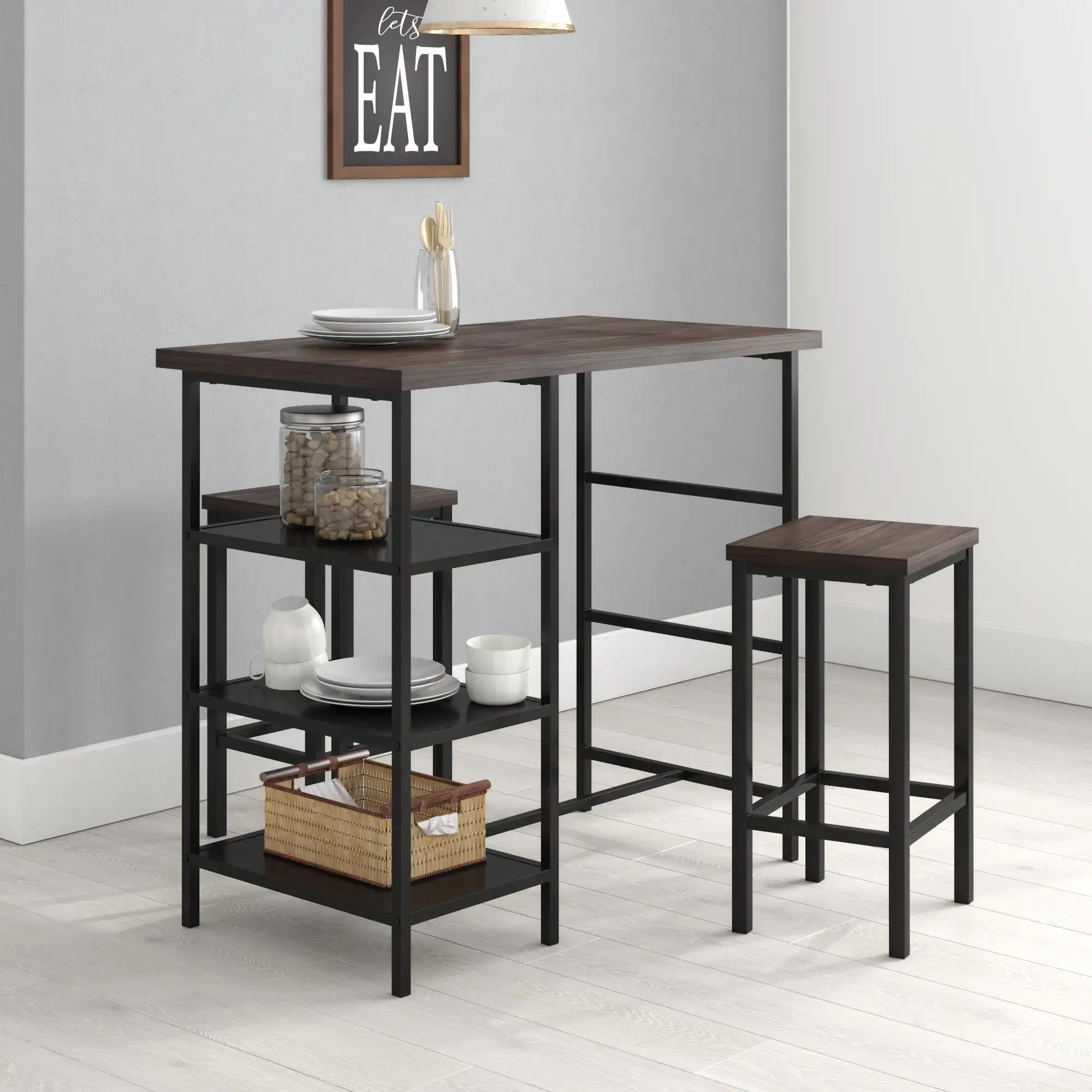 3 Piece Dining Pub Set  Iron Frame Counter Height Bar Table with Backless Barstools, Espresso