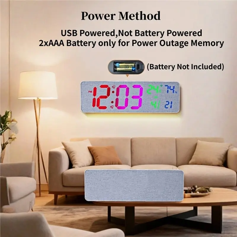 AB66-RGB Digital Wall Clock Bluetooth Time Synchronization LED Display TEMP Humidity Date Week Counter Count-Up/Countdown 12/24H