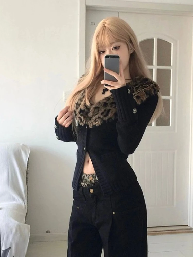 Detachable Leopard Print Fur Collar Tops Mujer Autumn Winter New Slim Fit Sweaters Black Long Sleeve Cardigan Women