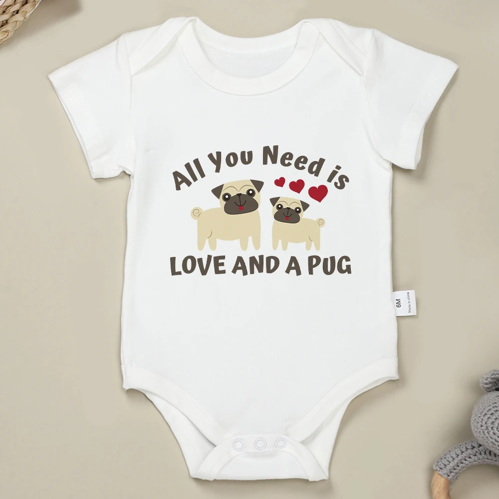 High Quality 100% Cotton Baby Boy Clothes Grey Cute Pug Print Onesies Street Casual Breathable Toddler Girl Jumpsuit 0-24 Months