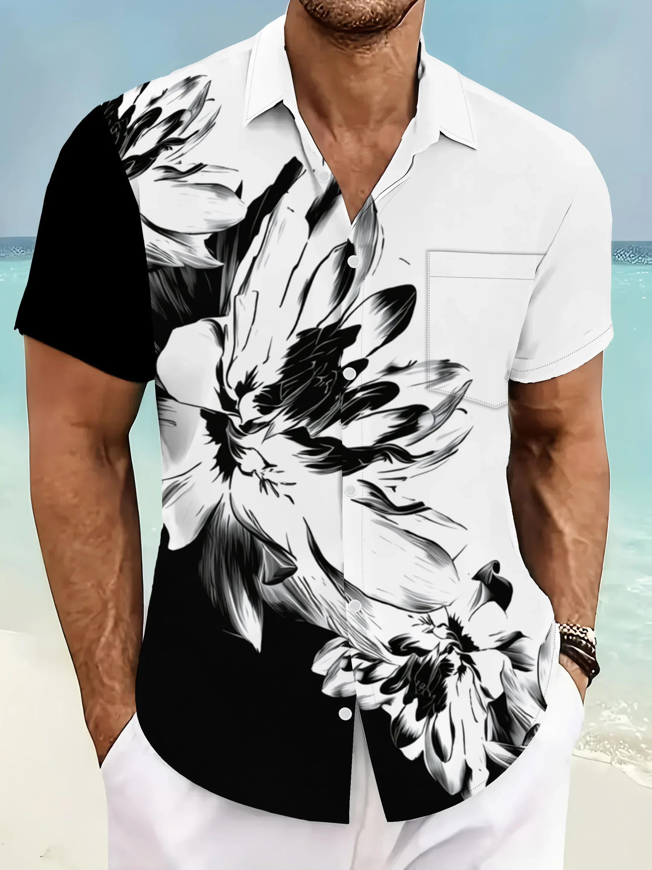 New Style Men's Hawaiian Shirt High Street Beach Print Tshirt Casual Button Down Lightweight Soft Vacation Tops