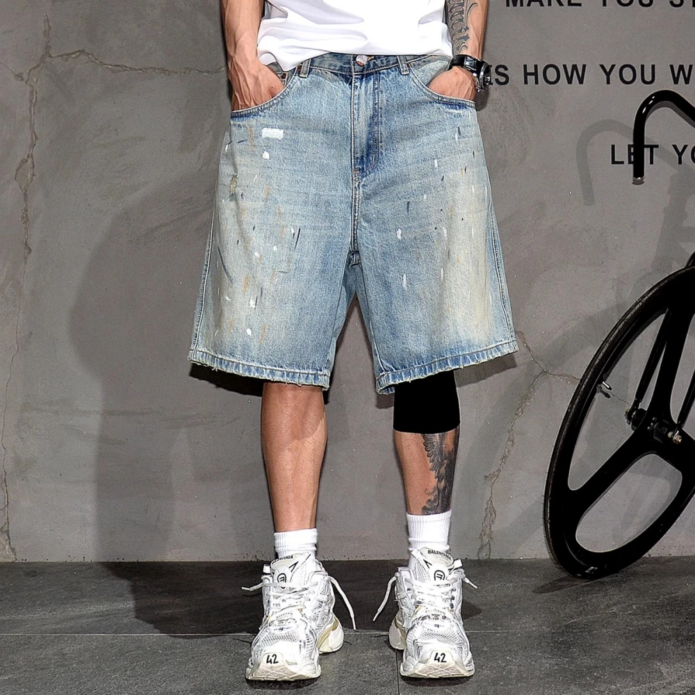 Korean Streetwear Men Hip Hop Splatter Paint Denim Shorts Summer Loose Fit Straight Leg Jorts 5 Inch Inseam Skate Trendy Casual