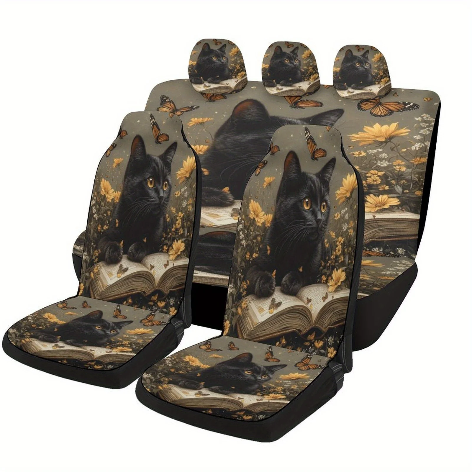 

Black Cat Book Butterflies Themed Car Seat Covers Set For Most Cars, Decorative Fashionable High-quality Car Seat Protector Cove