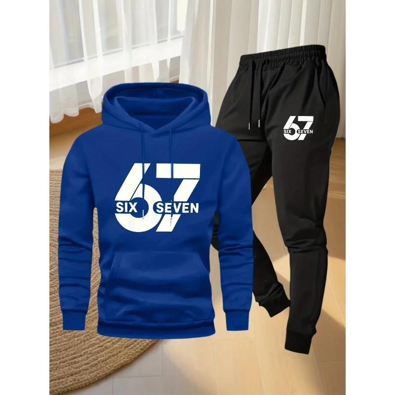 ชุดกีฬาลำลองสำหรับผู้ชาย ฤดูใบไม้ร่วง/ฤดูหนาว ลายพิมพ์ '67' สุดเทรนดี้ ผ้าถัก ทรงหลวม ลายเรขาคณิต