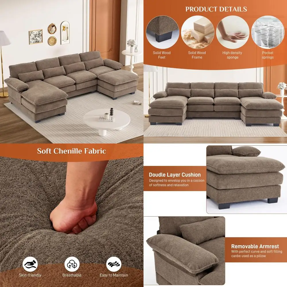 

contemporary 4-seat chenille u-shaped sectional sofa for living room