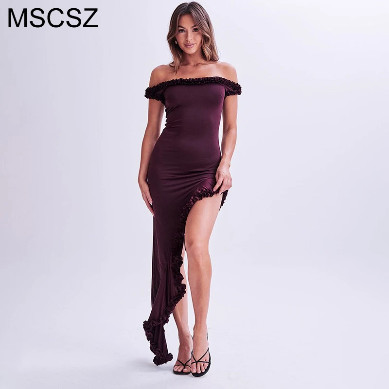 

MSCSZ Off Shoulder Sleeveless Long Dress Woman Frill Trim Asymmetrical Party Dress Slash Neck Backless Maxi Summer Dress 2025