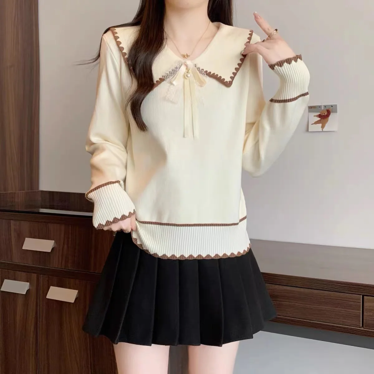 

Sweet Doll Collar Knitted Sweater for Women with Ribbon Long Sve Knot plus Size Slimming Versatile Autumn Winter...