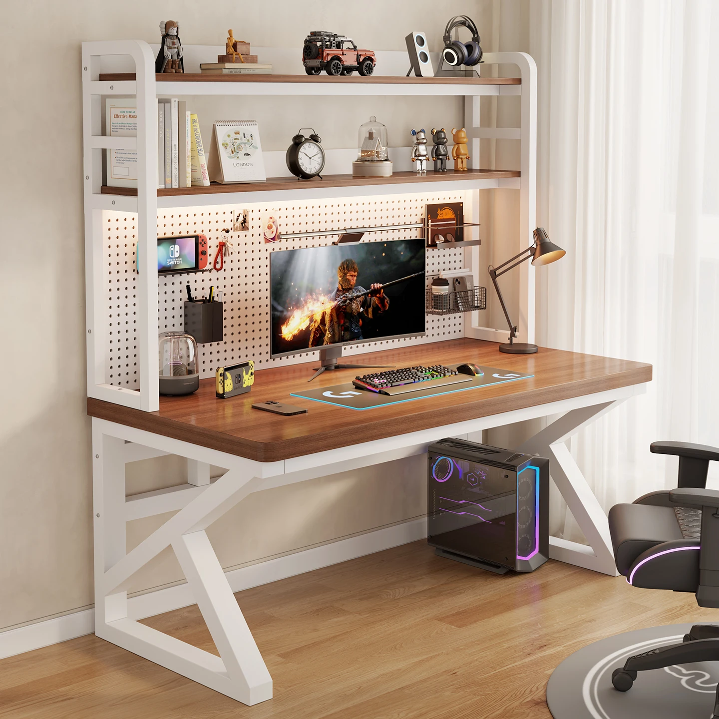 Desk with Bookshelf, Integrated Hole Board Study Table, Office Desk for Bedroom Gaming, Student Home Computer Desk