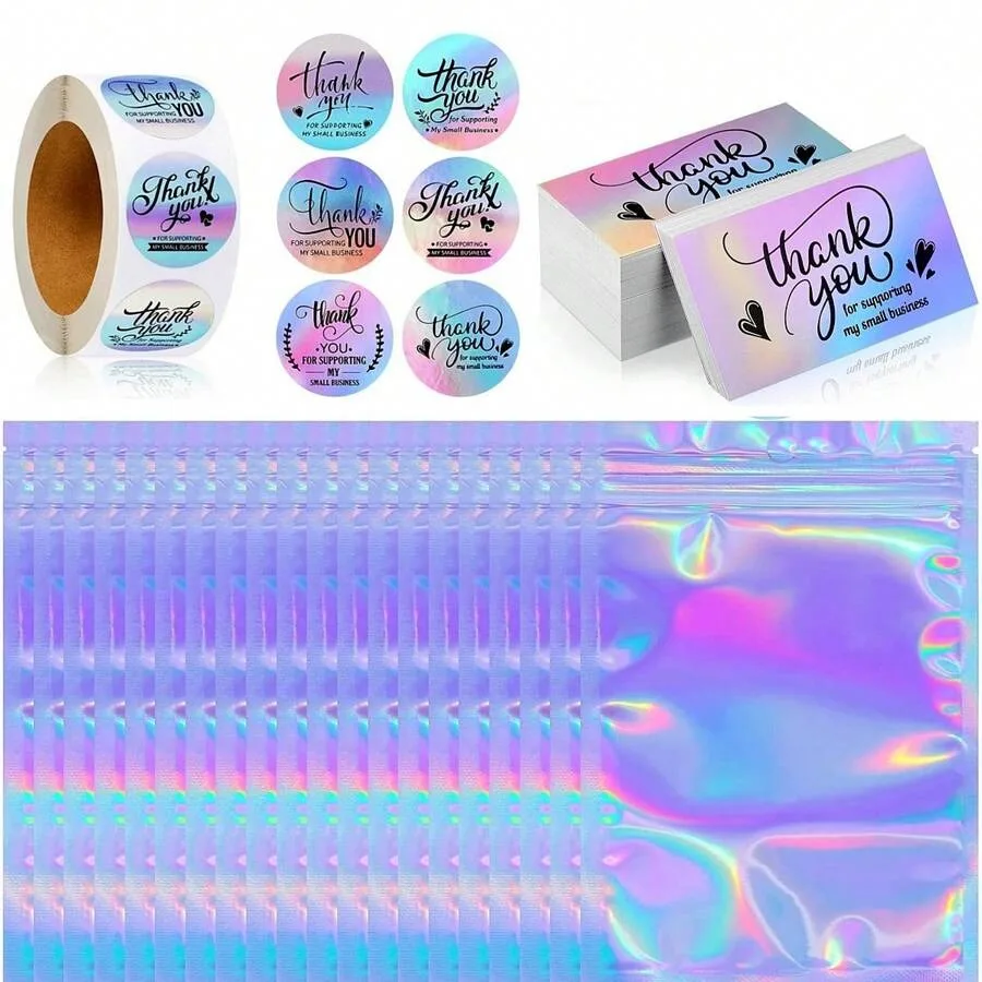 570 Pcs Laser Thank You Business Cards Stickers Set, Include 50pcs Business Card 500pcs Thank You Stickers 20pcs Resealable Pack