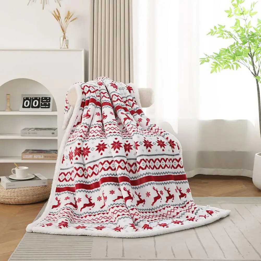 Flannel Christmas Blanket Double-layered Elk Print Wool Throw Bed Couch Decoration Flannel Warm Sofa Bed Office Winter Blanket