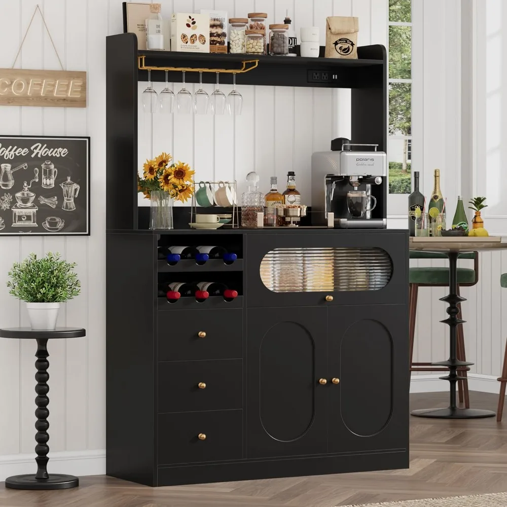 

Kitchen Pantry Storage Cabinet with Hutch, Buffet Cabinet with Storage, Coffee Bar Cabinet with Power Outlets, Microwave Stand