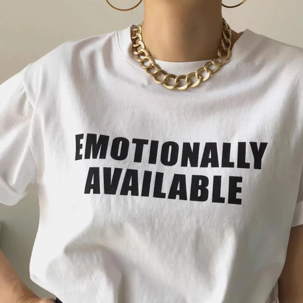 EMOTIONALLY AVAILABLE Letters Printing Summer Kpop T Shirts Women White Short Sleeve Loose Cotton Tops Casual Chic Tees