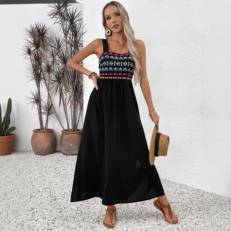 Conciso Mujer Boho Sling Negro Vacaciones Rayas Estampado Floral Costuras Verano Sin Mangas Vestido Largo Playa Halter Simple