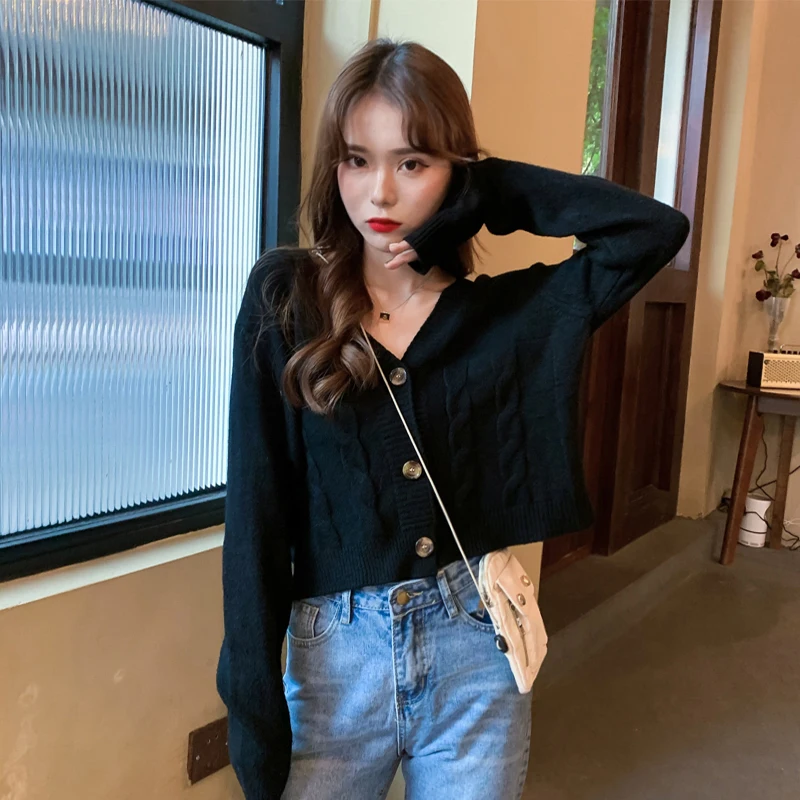 Sweet Black Women Cardigan Korean Knitted Warm Female Casual Sweaters Autumn New Button V Neck Long Sleeve Ladies Crop Tops