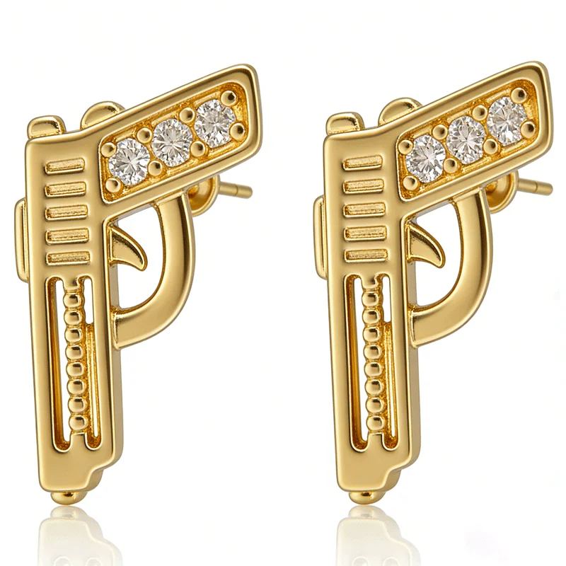 Fashion Gold Plated Pistol Shape Cubic Zirconia Stud Earrings, Punk Hip Hop Jewelry For Women Men Birthday Party Holiday Gift