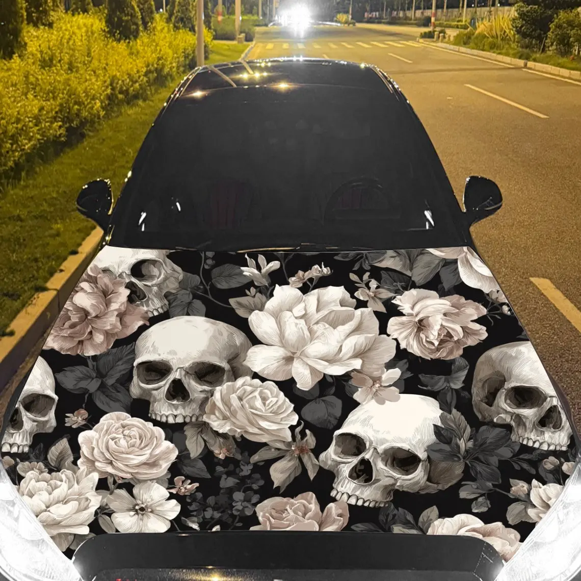 

Black and White Skull Flower Car Vinyl Wrap, PVC Material Waterproof Car Hood Sticker, Self-Adhesive Scratch-Resistant Stickers