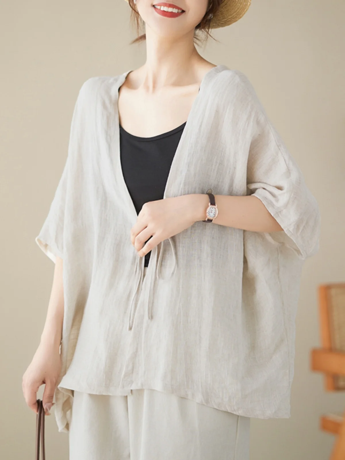 

Свободный женский хлопково-льняной ор Све Открытый кардиган irt V-ne Batwing Sve Seven-quarter Sve Regular Length