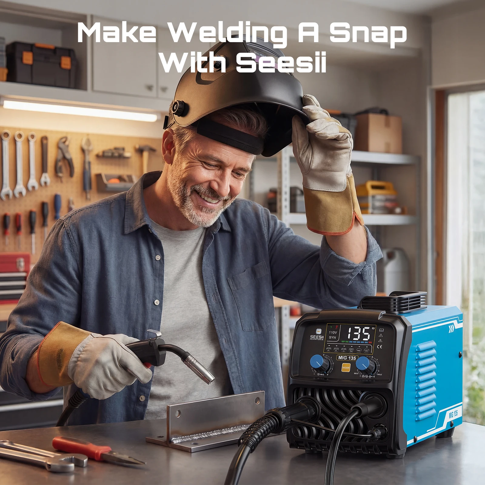 SEESII 135A MIG Welder 3-in-1 Gasless Flux Core/Lift TIG/Stick Welding Machine 7.7lbs Portable IGBT Inverter Digital Display