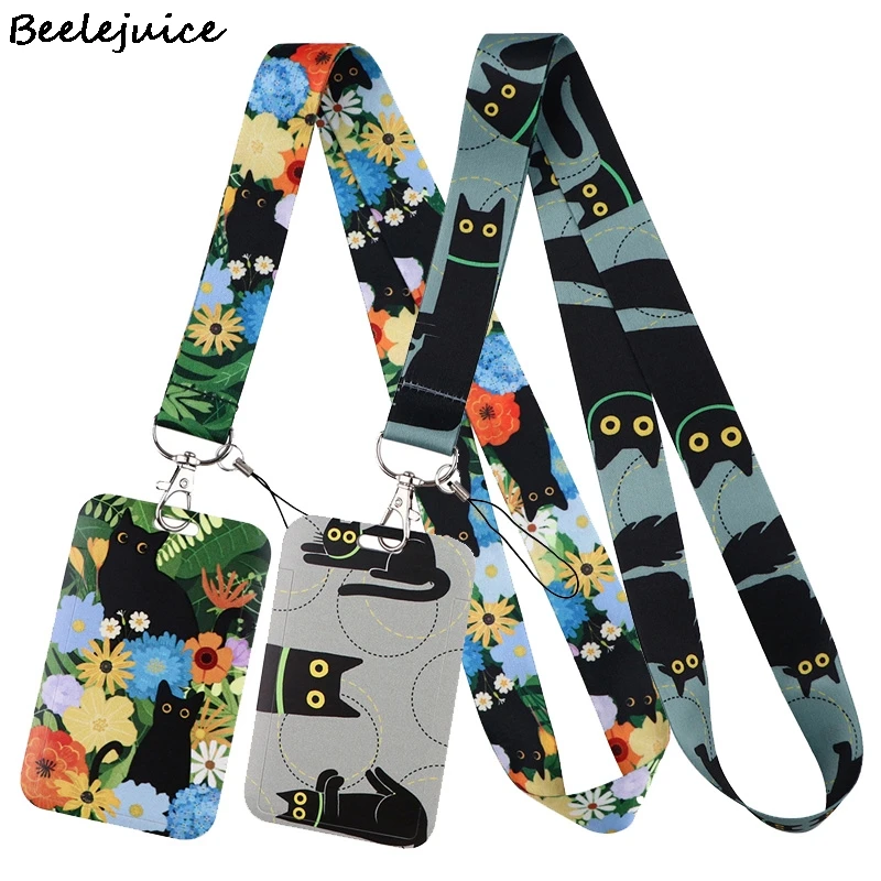 Black Cats Neck Strap Lanyards ID badge card holder keychain Mobile Phone Strap Gift Ribbon webbing necklace Decorations Gifts
