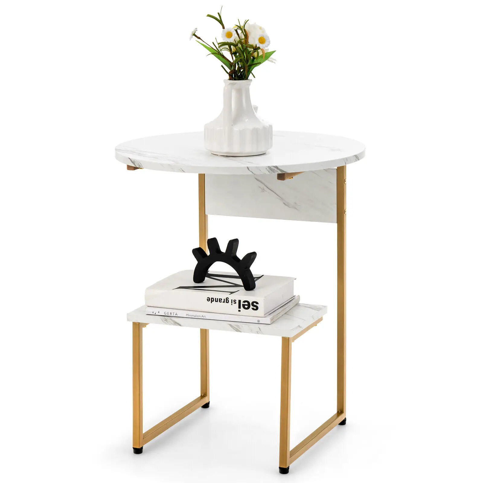 Costway Side Table Modern 2 Tier Round End Beside Table Metal Frame Nightstand White