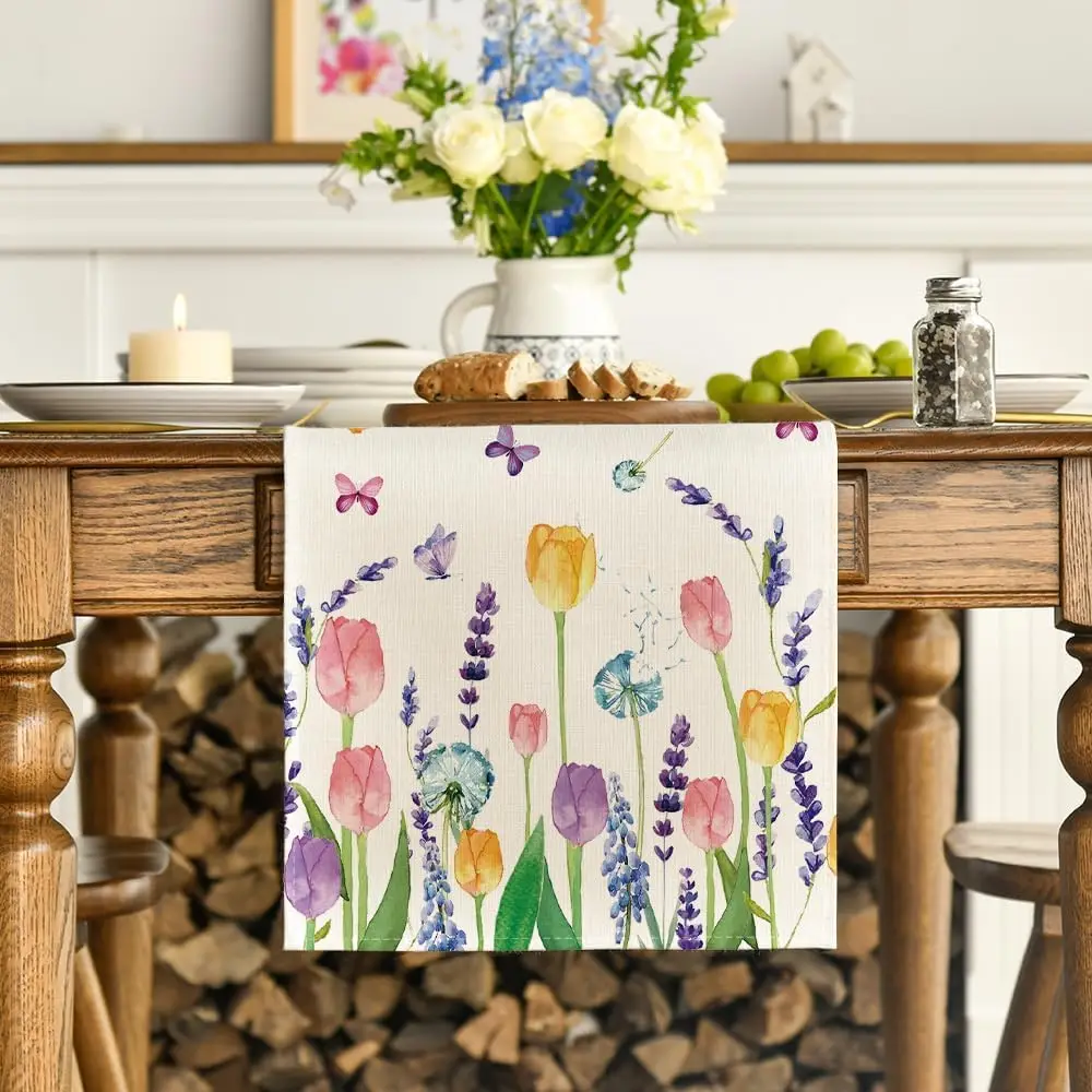 1Pc, Lavender and Tulip Table Runner, Suitable for Weddings, Kitchens, Dining Tables, and Family Gatherings, Holiday and Anniversary Decorations, a Must-Have for Home and Kitchen