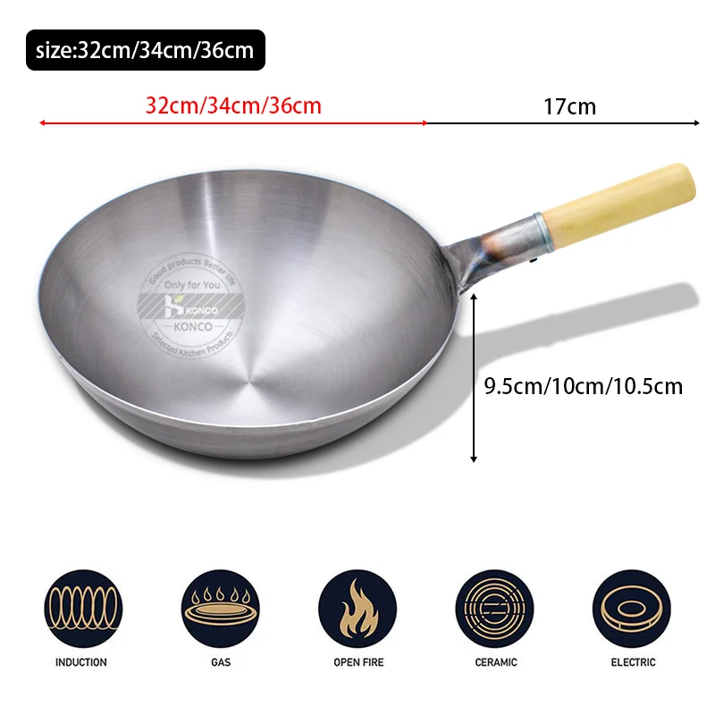 32/34/36cm Iron Wok Uncoated lightweight Kitchen Cooking Pot Beech Handle,Suitable for Gas Stove