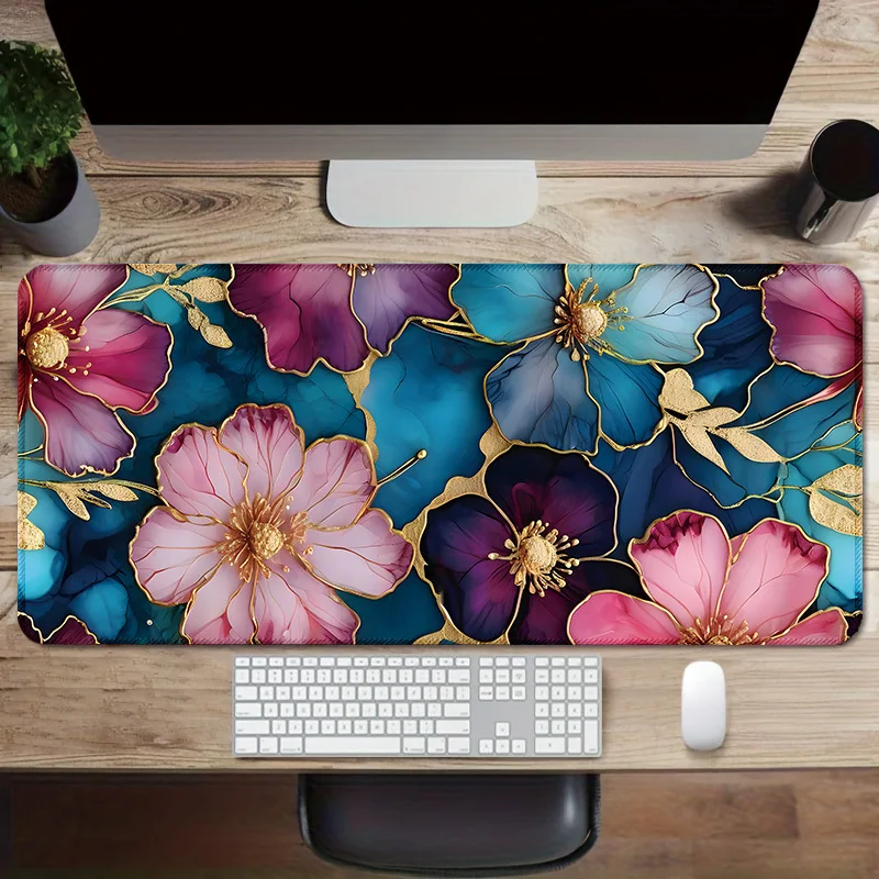 

1PC Oversize Floral Pattern Office Mouse Pad with Lock Edge Design,Washable Surface, Anti-Slip Rubber Base for Laptop PC