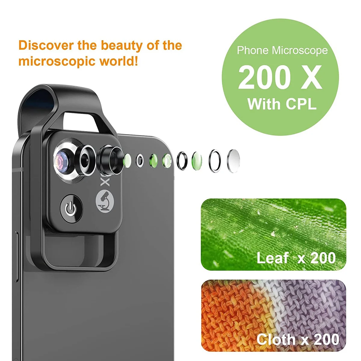 200X Phone Microscope with CPL Lens,Pocket Smartphone Digital Microscope for Phone, Magnifying Microscope with LED Light