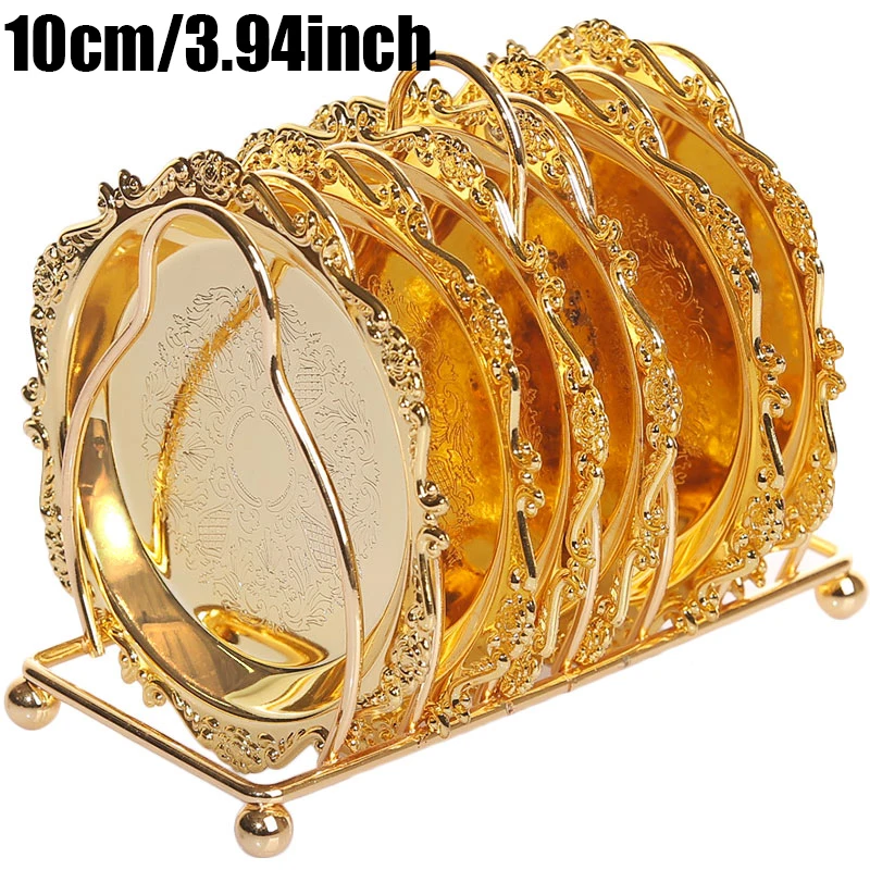 Dessous de verre à cocktail en métal doré classique, ensemble de 6 pièces, polymères plaqués argent, set de snack, plats T1