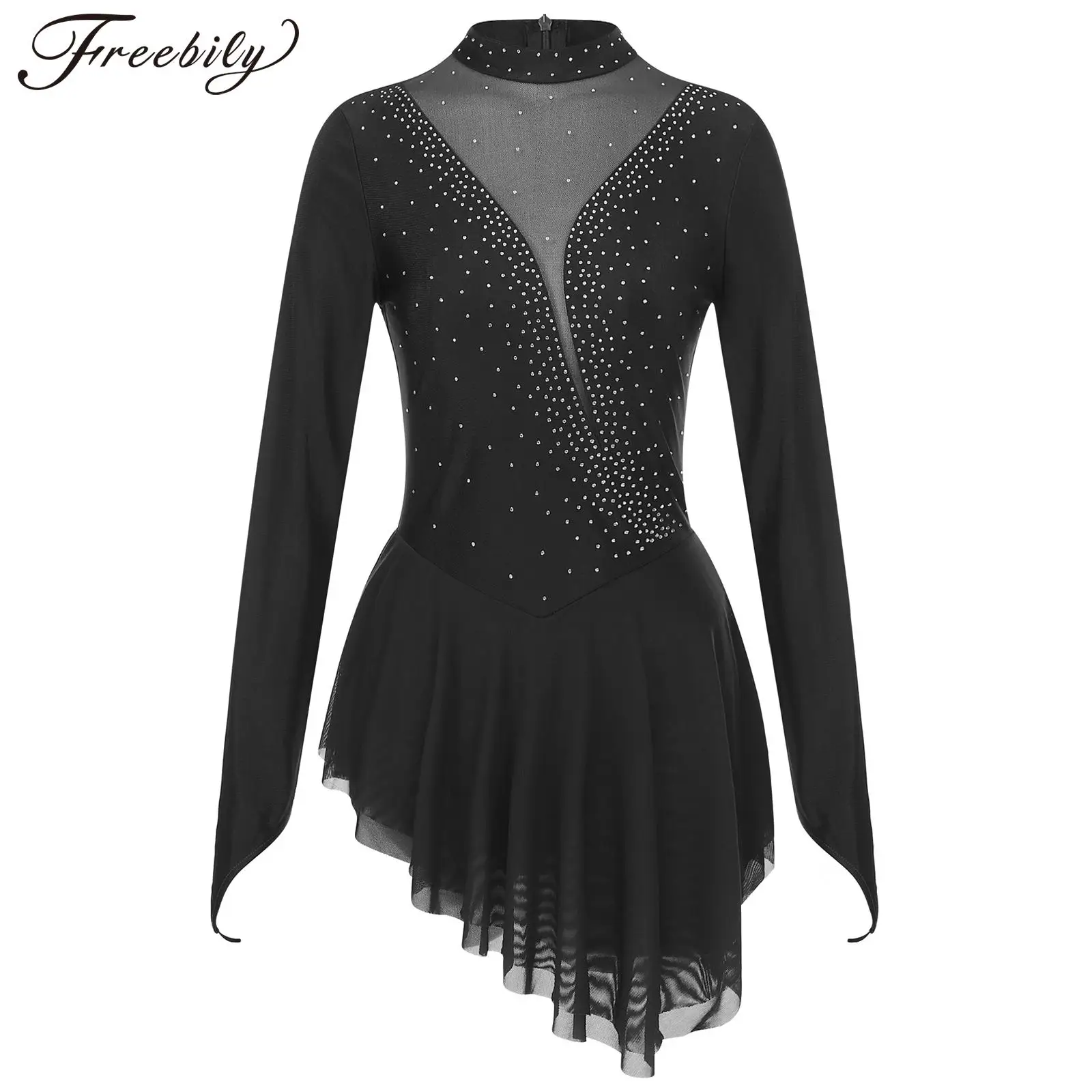 Womens Figure Skating Dress Lyrical Dance Ballet Gymnastics Leotard Tutu Long Sleeve Shiny Rhinestone Sheer Mesh Dress Dancewear