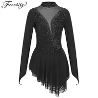 Vestido de patinaje artístico para mujer, danza lírica, Ballet, gimnasia, acrobacias, leotardo, tutú, manga larga, vestido de malla transparente con diamantes de imitación brillantes