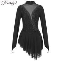 Womens Figure Skating Dress Lyrical Dance Ballet Gymnastics Leotard Tutu Long Sleeve Shiny Rhinestone Sheer Mesh Dress Dancewear