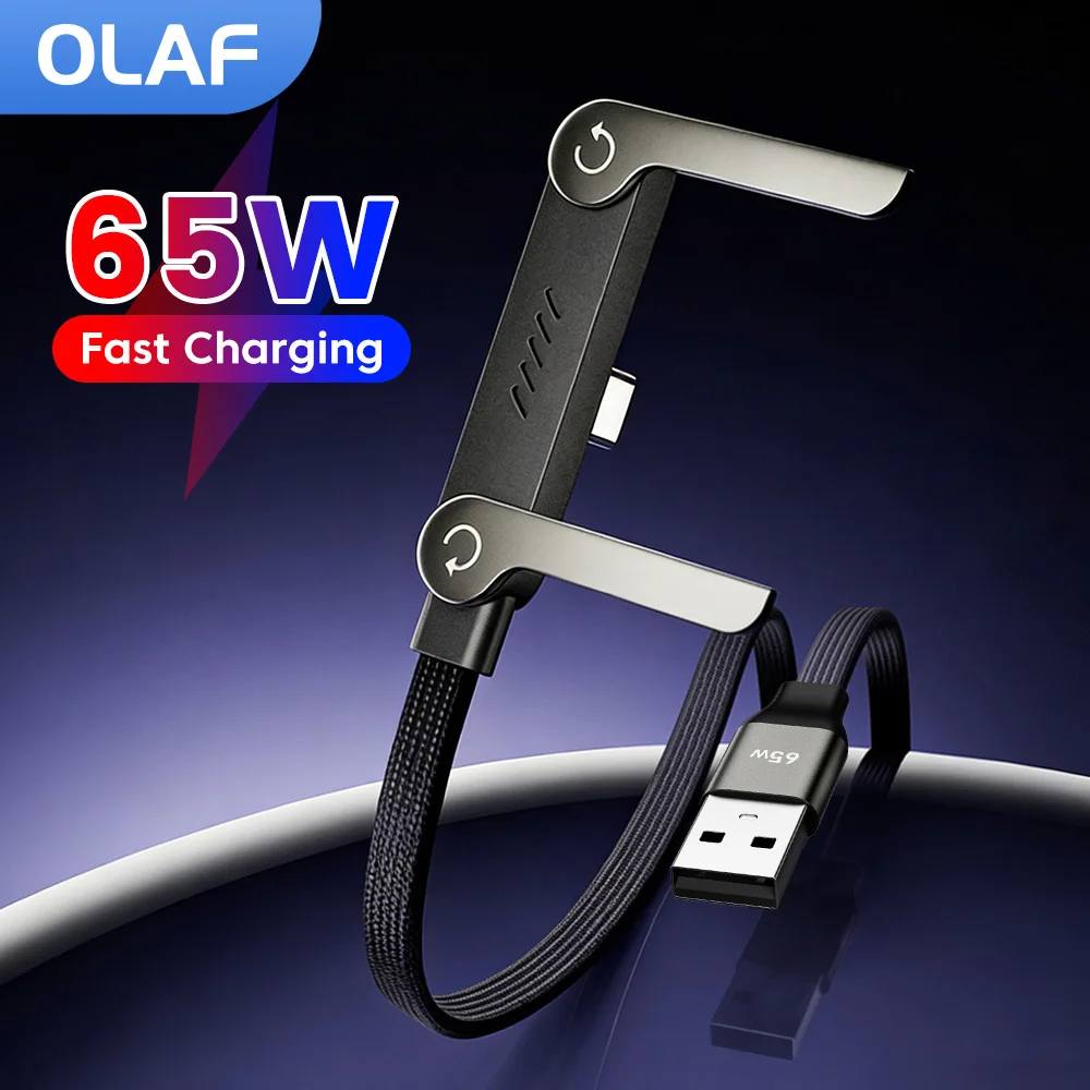 65W USB A To Type C Fast Charging Cable 90° Elbow USB C Phone Charge Cable Foldable Phone Holder Data Cable For Huawei Samsung