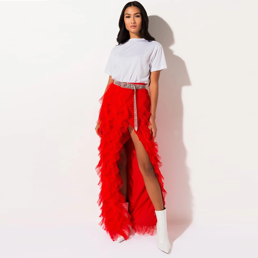 

Turquoise Skirt Tulle faldas Extra Lush Long Skirts To Party Elastic Band Red Skirt For Women Tiered Mesh jupe femme