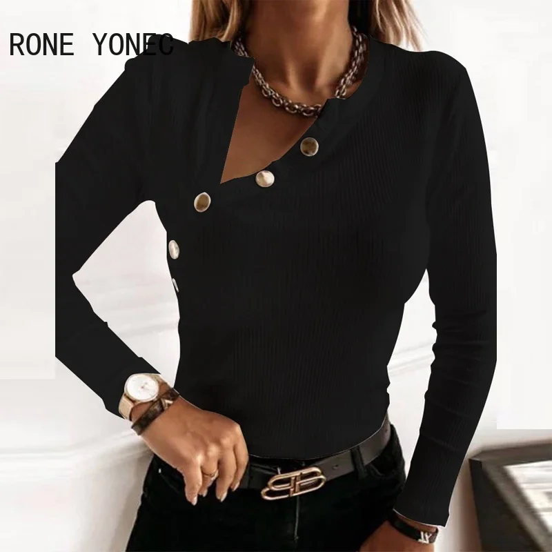 Women Chic Solid Basics Button collar  Long Sleeves Basics Blouse knitting Tops