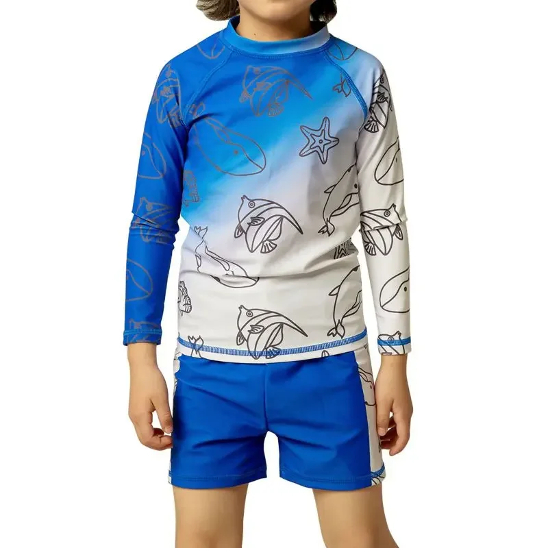 

5-16 Years Children Boy Swimsuit Sun Protection Long Sleeve Swim Top Shorts Cartoon Printed Quick Drying Swimwears