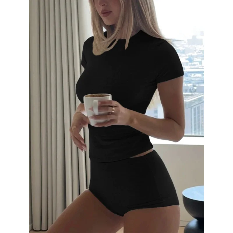 Nibber Sporty 2-Piece Set Women Skinny High Elasticity o-Neck t-Shirts+Mini Shorts Summer Classic Simple Basic Matching Suits - Image 4
