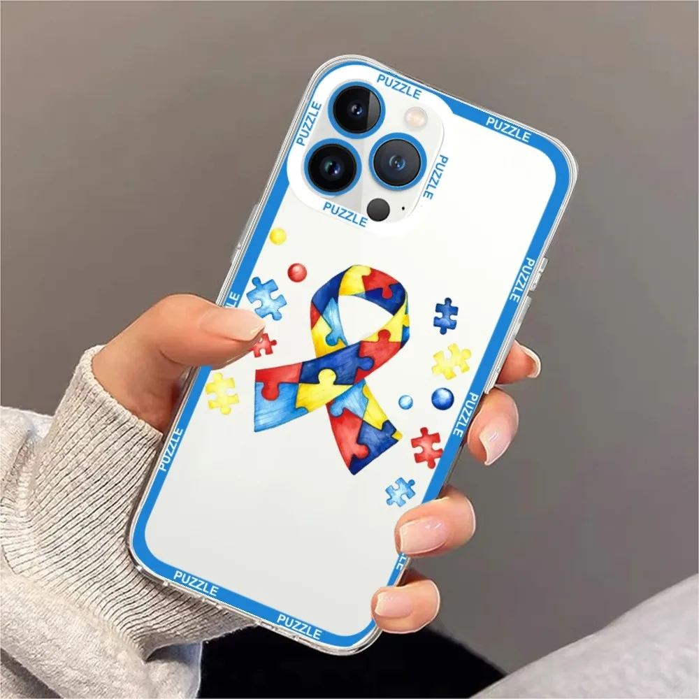 Puzzle Autism Awareness Phone Case For Samsung S20 S21 S22 S23  Ultra Plus S10 Transparent Border Shell