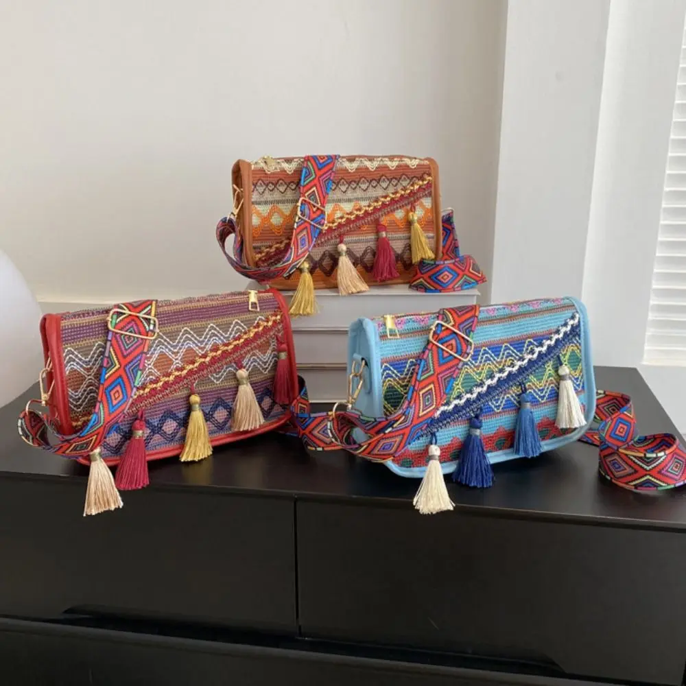 

Embroidery Bohemian Shoulder Bag Colorful Korean Style Woven Bag Fringe Shoulder Bag Geometric Tassel Large Capacity Bag Ladies