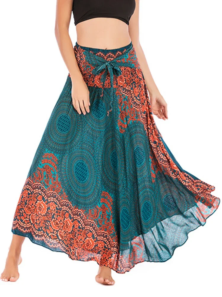 

Fitshinling Summer Beach Maxi Skirts For Woman Clothes Bohemian Holiday A-Line Slim Sexy Faldas Dresses Boho Print Women's Skirt