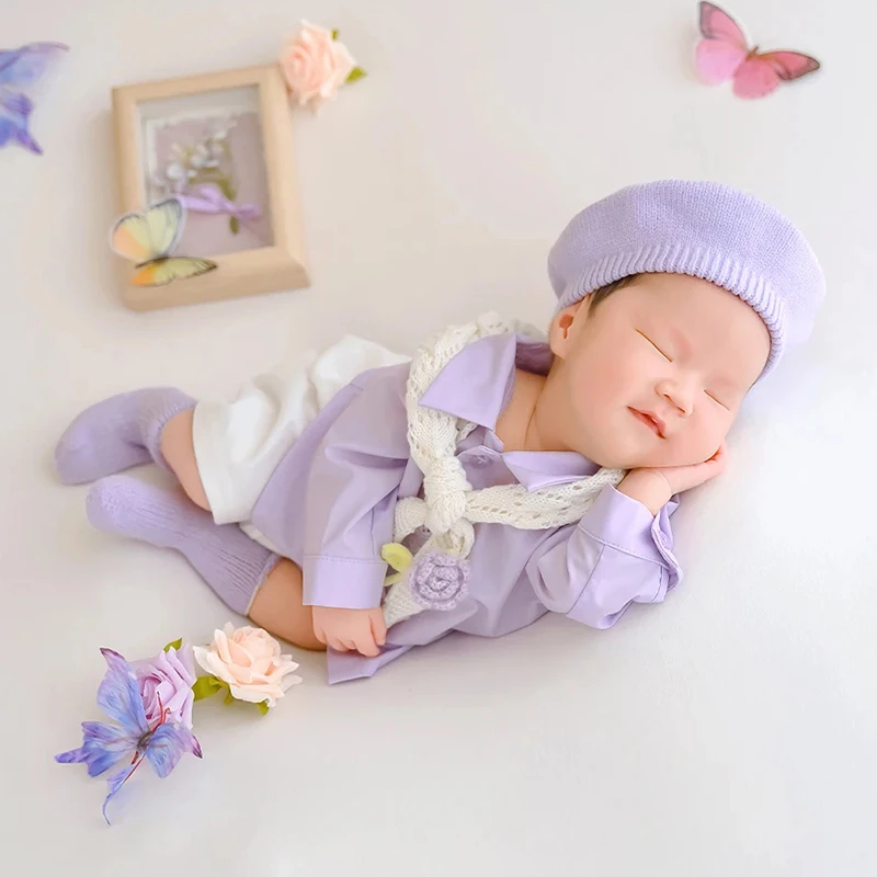 Puntelli per fotografia neonato Berretto lavorato a maglia stile signorile + Top + Pantaloncini Fiore artificiale Farfalla Puntelli Abiti fotografici per studio infantile