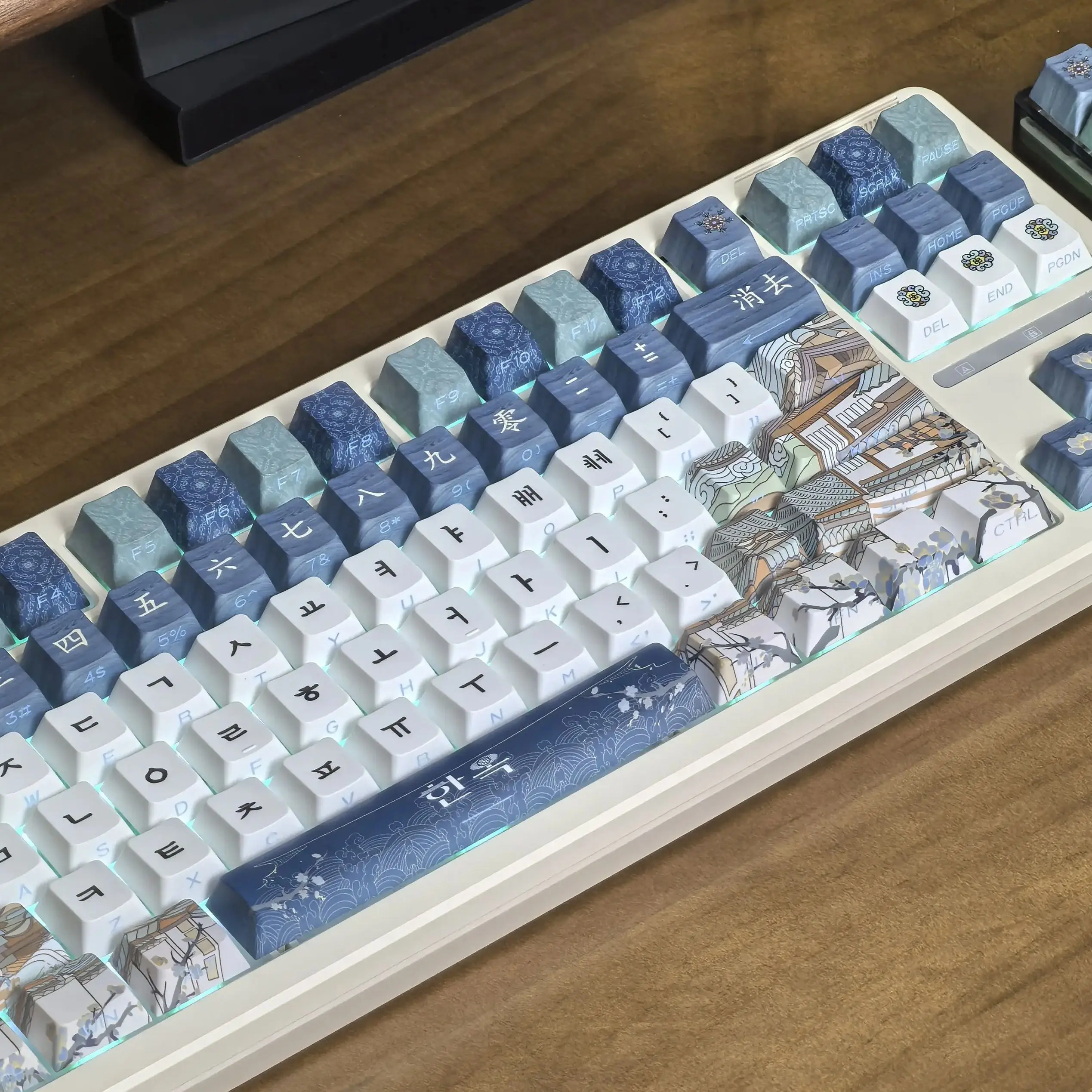 Korean Keycaps Blue Ancient Architectural Style 126Key 2.25/2.75U Space Bar Alice Layout Keycaps L Shape Enter Key Hangul Keycap