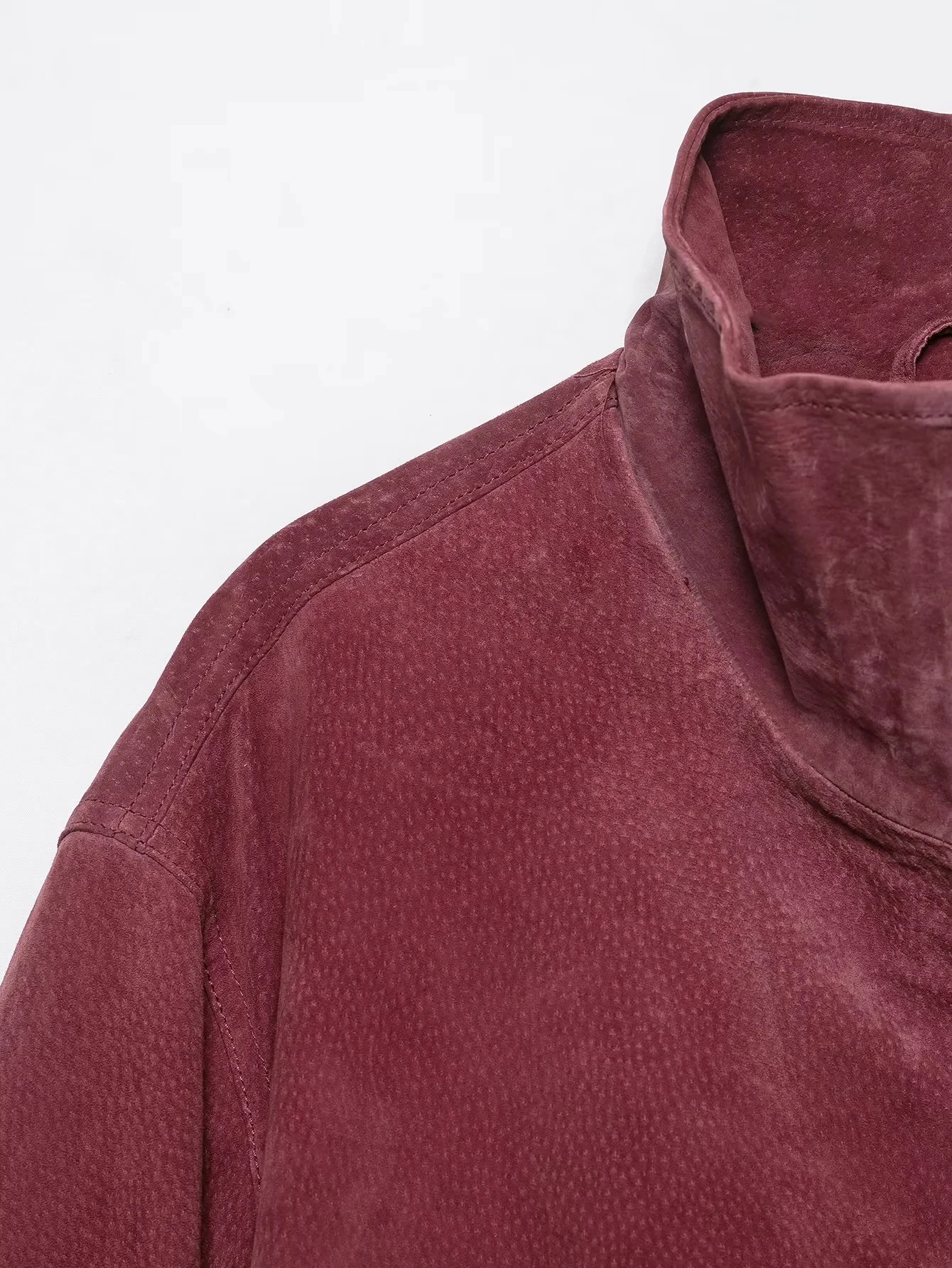 HH Damen Mode Matt-Finish Bomberjacke Wildleder Burgunderrot Hoher Kragen Locker Sitzende Oberbekleidung Frühling Herbst Damen Pendlerjacke – Detail 4