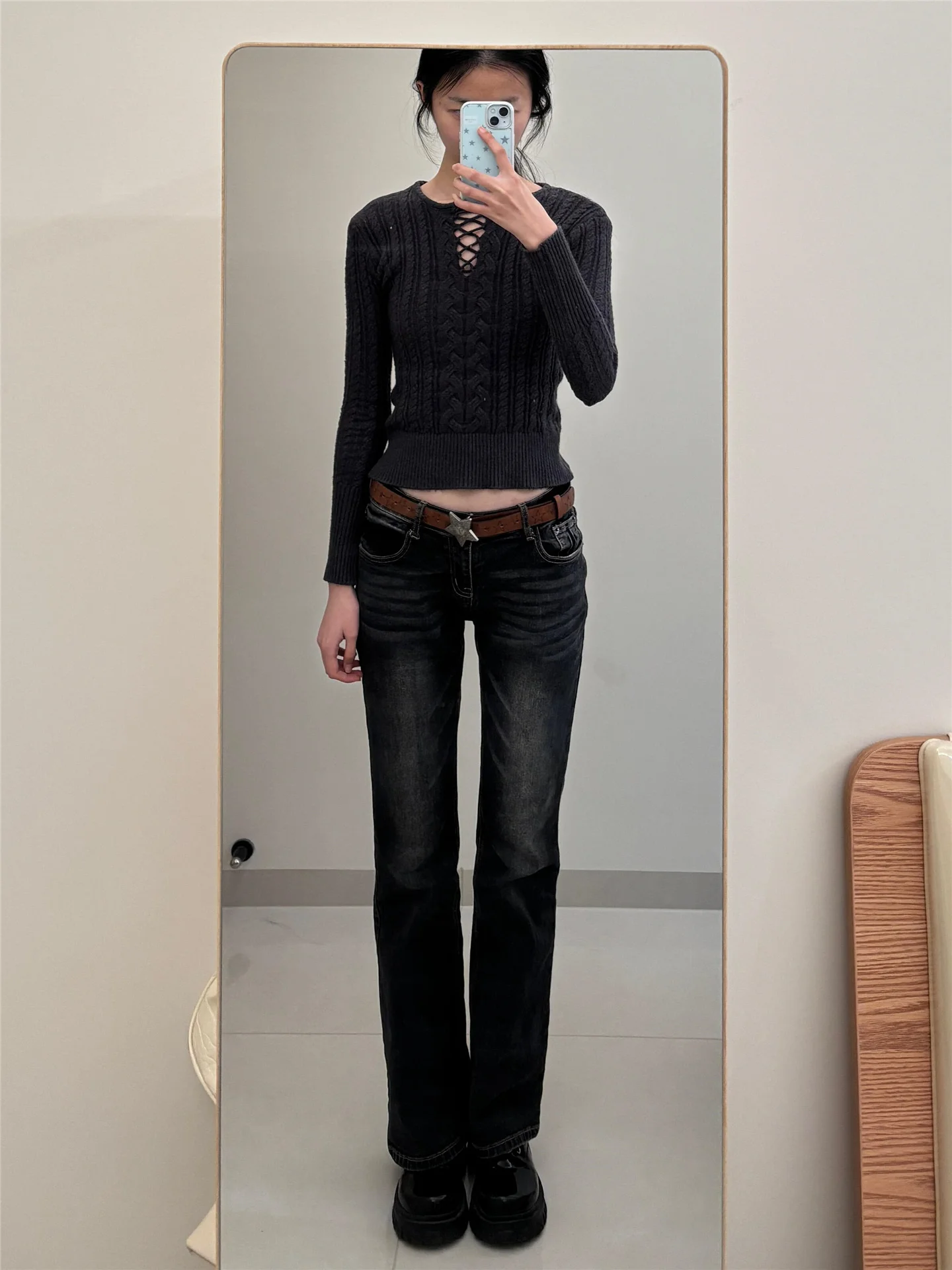 

Extended Length American Vintage Hot Girl Low Waist Flared Jeans Women's Spring Slimming Floor-Length Pants Casual Cotton