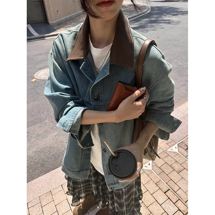 

Женская джинсовая куртка, пальто, лоскутная уличная одежда, однобортный отложной воротник, винтажная верхняя одежда с потертыми карманами, осень 2025 г.