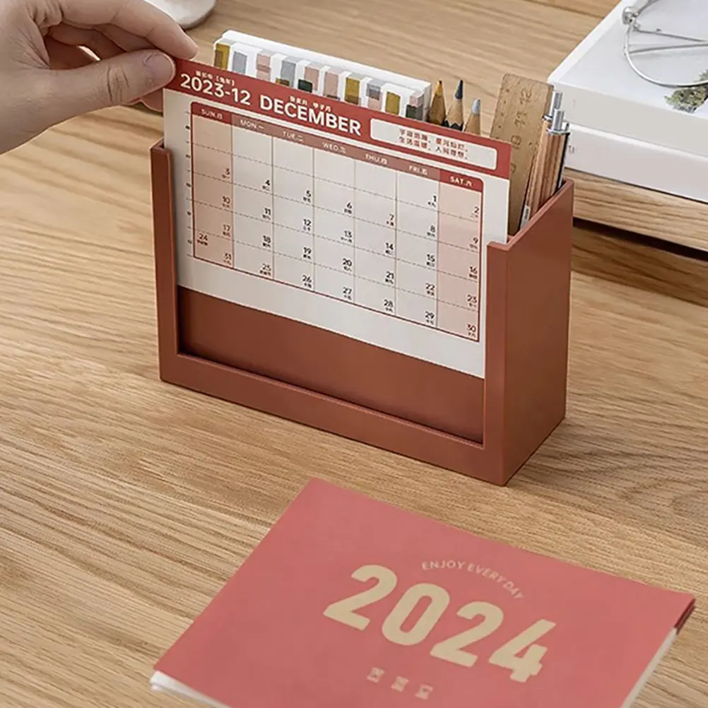 2023 Desk Calendar Plastic Organizer Box Office Desktop Pen Holder Multifunctional Sundries Container Space Saving Tabletop