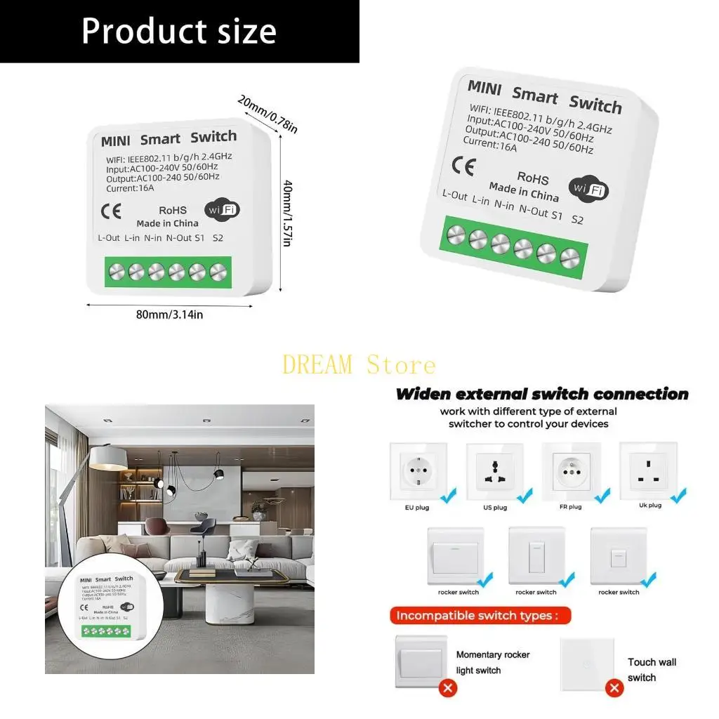 

16A 2-позиционные переключатели управления Простая установка Голосовое и приложение Дистанционное управление WiFi-переключатели