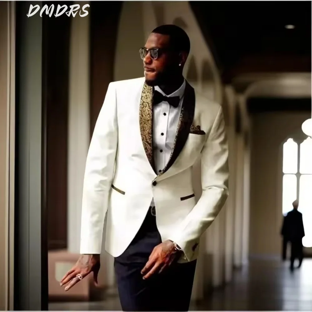 

Gentleman's Gold Jacquard Collar Business Stylish Casual Single Breasted Dress Suit 2 Piece Wedding Suit For Men Office Work Par