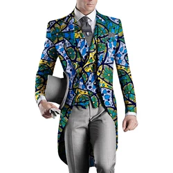 2 Pieces African Clothes for Mens African Printed Long Blazer Jacket and Vest Men Slim Suits Tailcoat Swallowtail Party WYN960