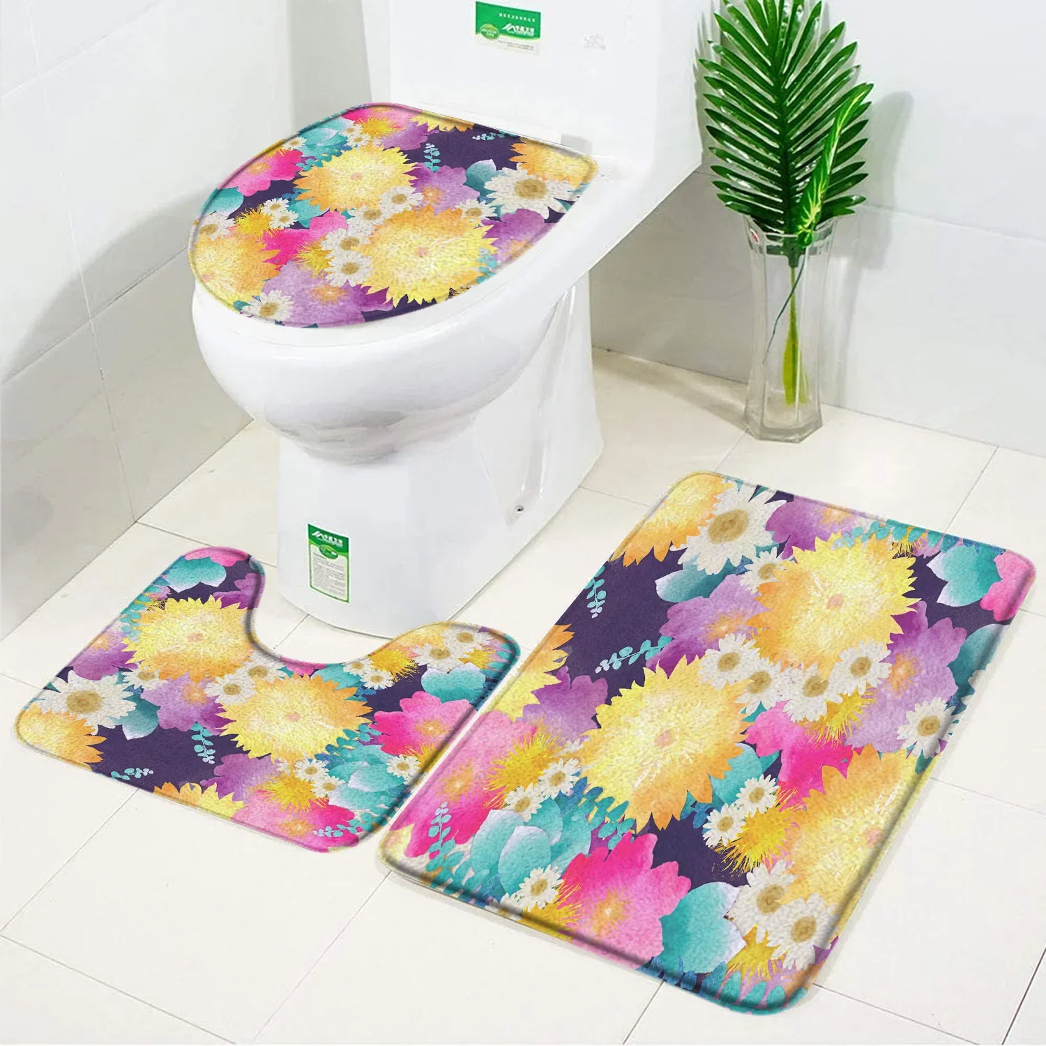 Floral Bath Mat Set Colourful Flowers Bathroom Decoraction Anti Slip Bathroom Rugs and Mat Set Floor Carpet Toilet Lid Cover